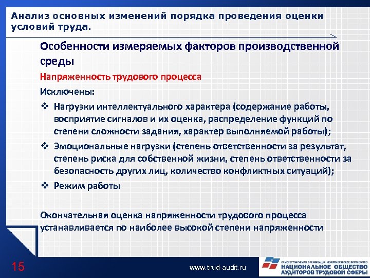 Анализ основных изменений порядка проведения оценки условий труда. Особенности измеряемых факторов производственной среды Напряженность