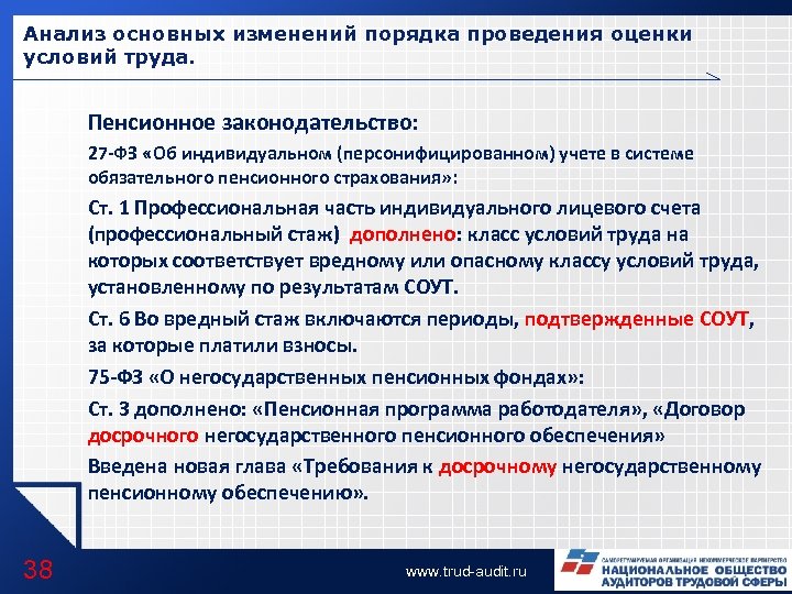 Анализ основных изменений порядка проведения оценки условий труда. Пенсионное законодательство: 27 -ФЗ «Об индивидуальном