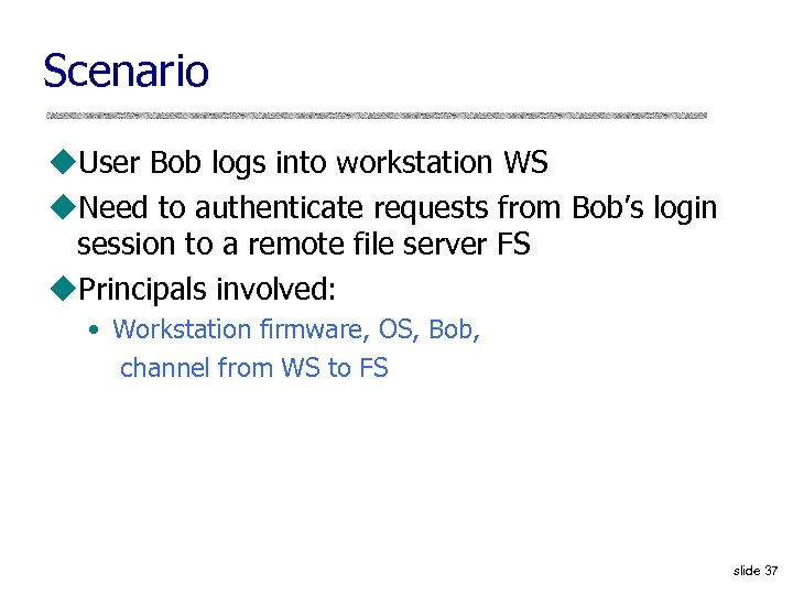 Scenario u. User Bob logs into workstation WS u. Need to authenticate requests from