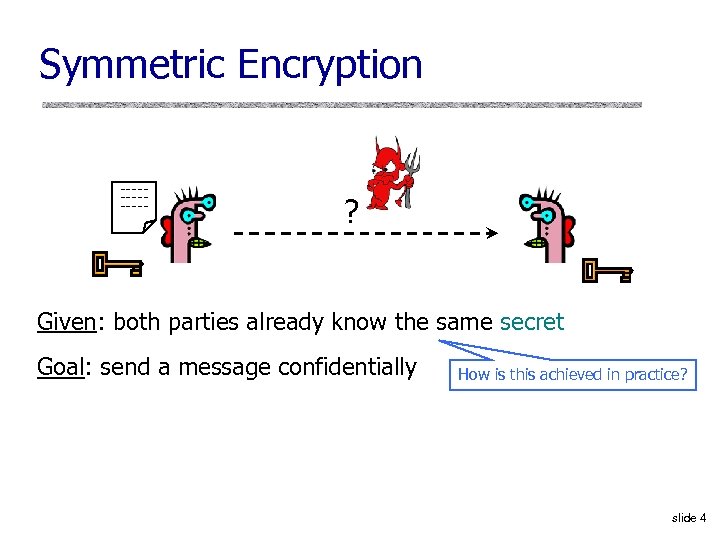 Symmetric Encryption ------- ? Given: both parties already know the same secret Goal: send