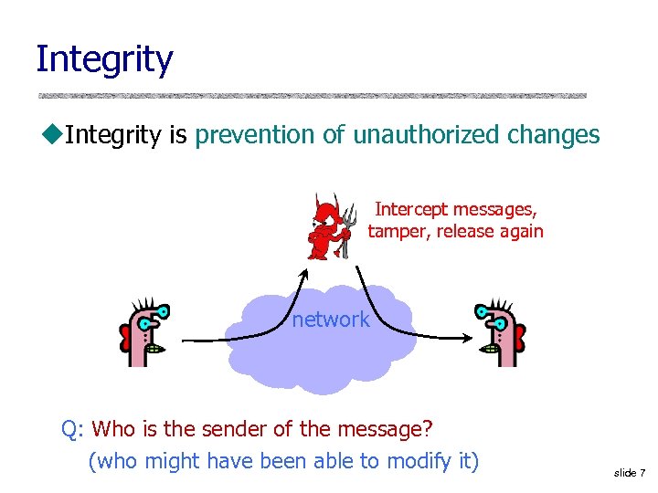 Integrity u. Integrity is prevention of unauthorized changes Intercept messages, tamper, release again network