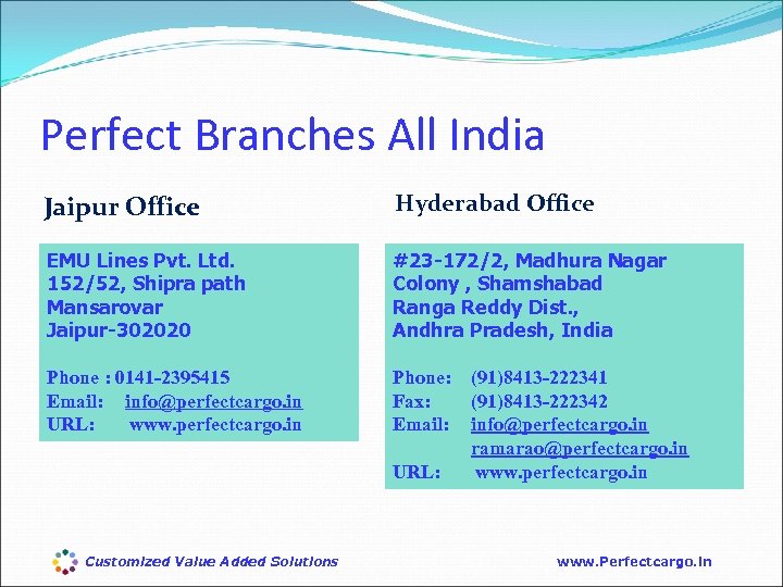 Perfect Branches All India Jaipur Office Hyderabad Office EMU Lines Pvt. Ltd. 152/52, Shipra