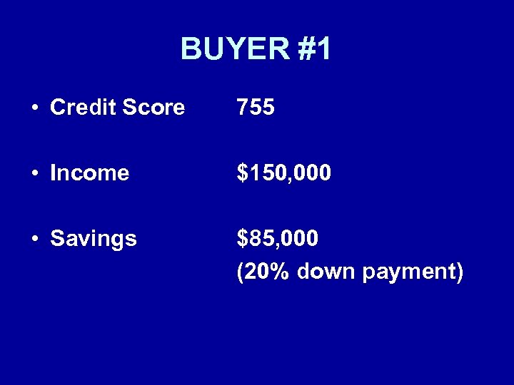BUYER #1 • Credit Score 755 • Income $150, 000 • Savings $85, 000