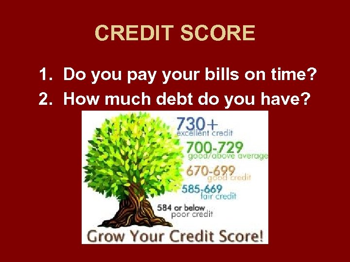 CREDIT SCORE 1. Do you pay your bills on time? 2. How much debt