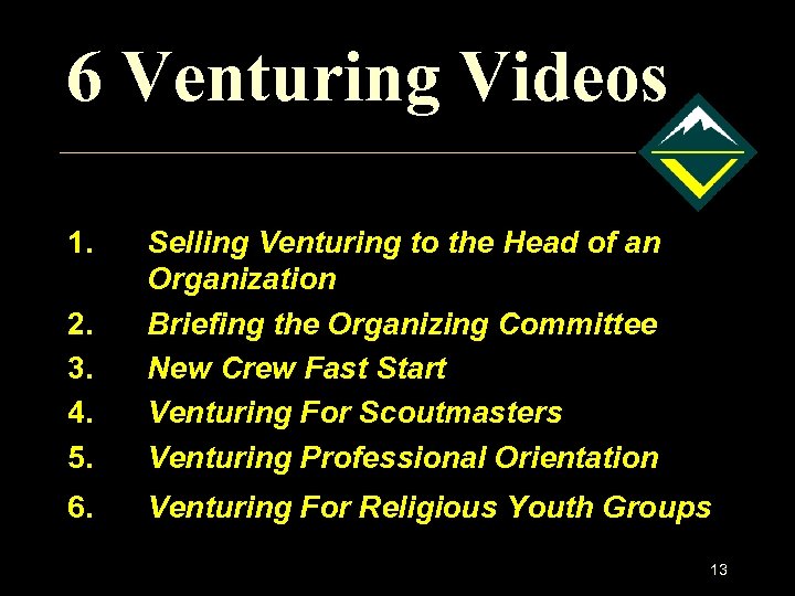 6 Venturing Videos 1. 2. 3. 4. 5. Selling Venturing to the Head of