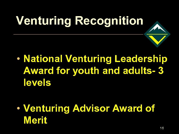 Venturing Recognition • National Venturing Leadership Award for youth and adults- 3 levels •