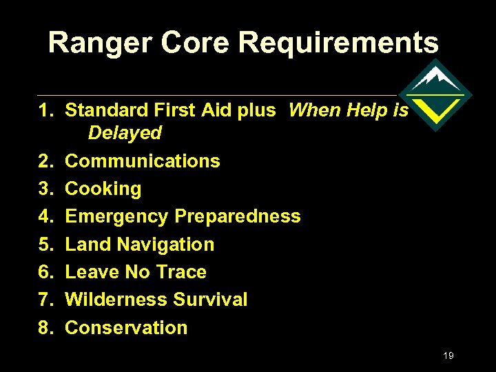 Ranger Core Requirements 1. Standard First Aid plus When Help is Delayed 2. Communications