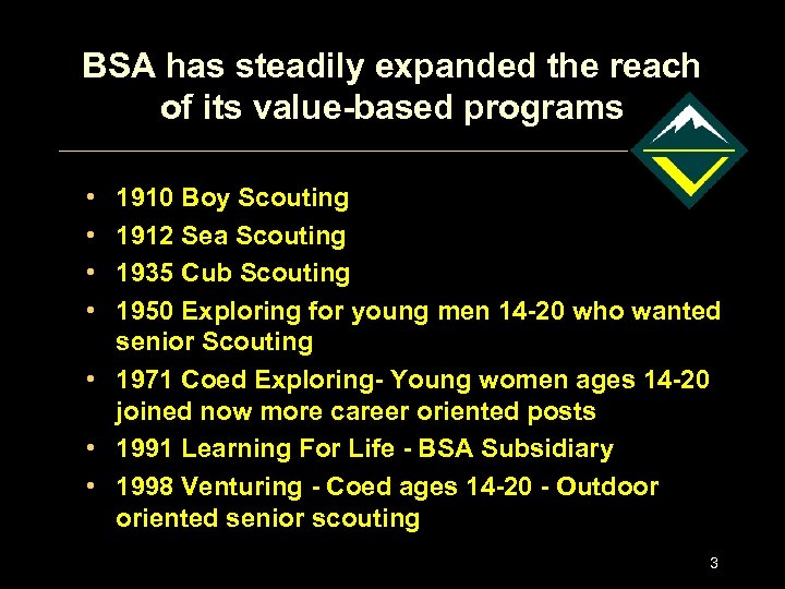 BSA has steadily expanded the reach of its value-based programs • • 1910 Boy