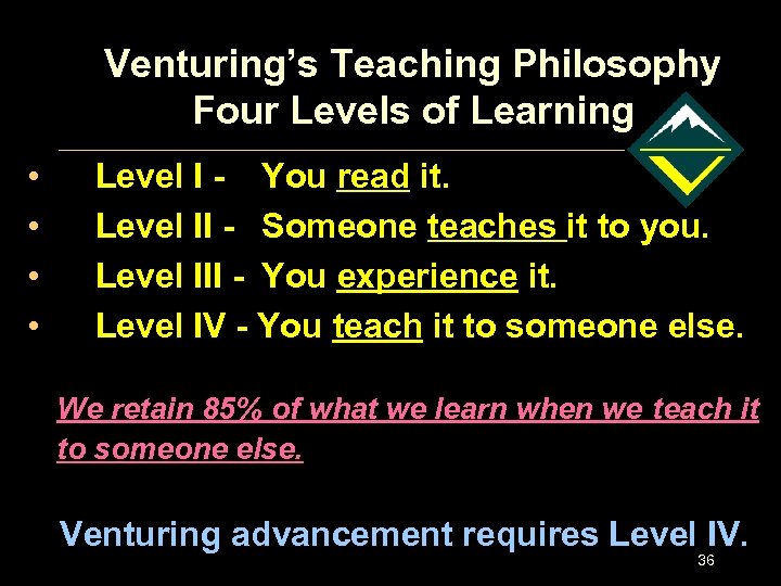 Venturing’s Teaching Philosophy Four Levels of Learning • • Level I - You read