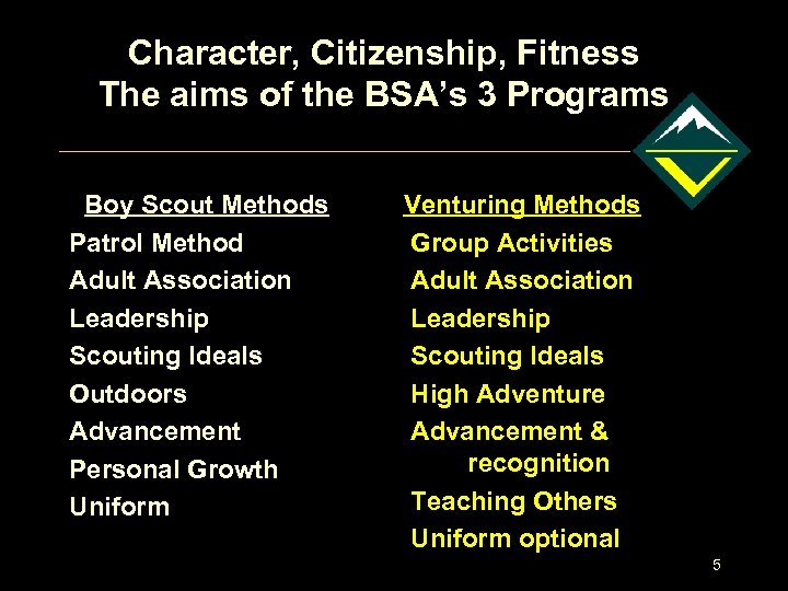 Character, Citizenship, Fitness The aims of the BSA’s 3 Programs Boy Scout Methods Patrol