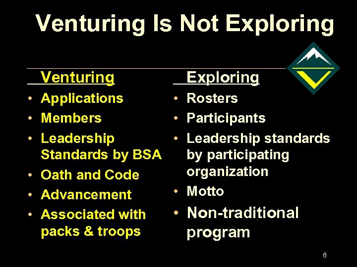 Venturing Is Not Exploring Venturing • Applications • Members • Leadership Standards by BSA