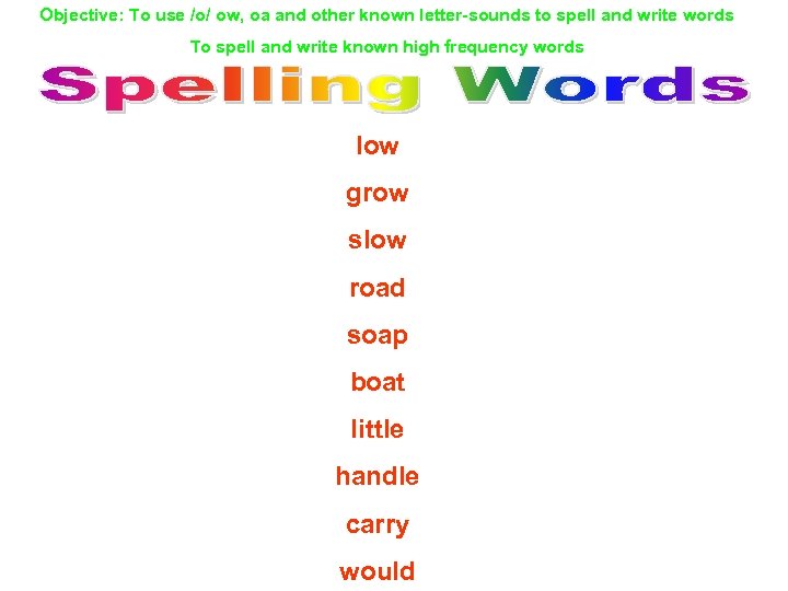 Objective: To use /o/ ow, oa and other known letter-sounds to spell and write