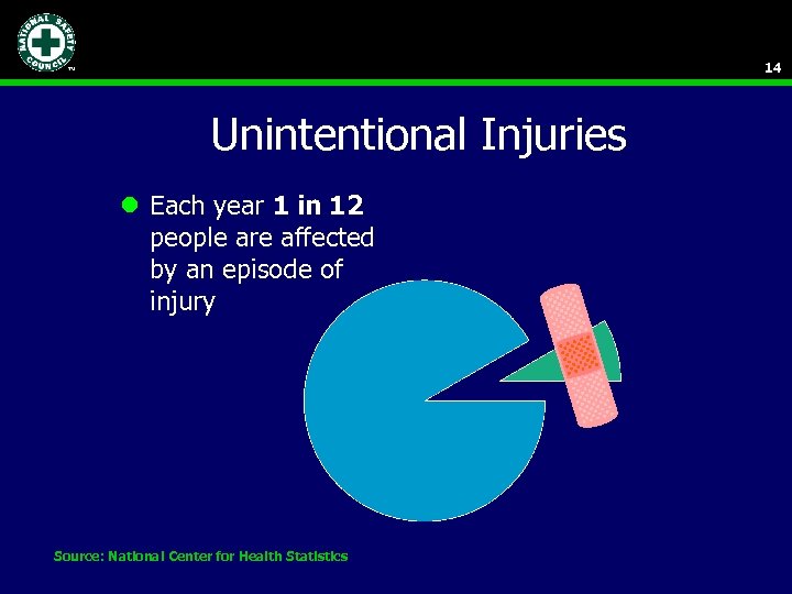 14 Unintentional Injuries l Each year 1 in 12 people are affected by an