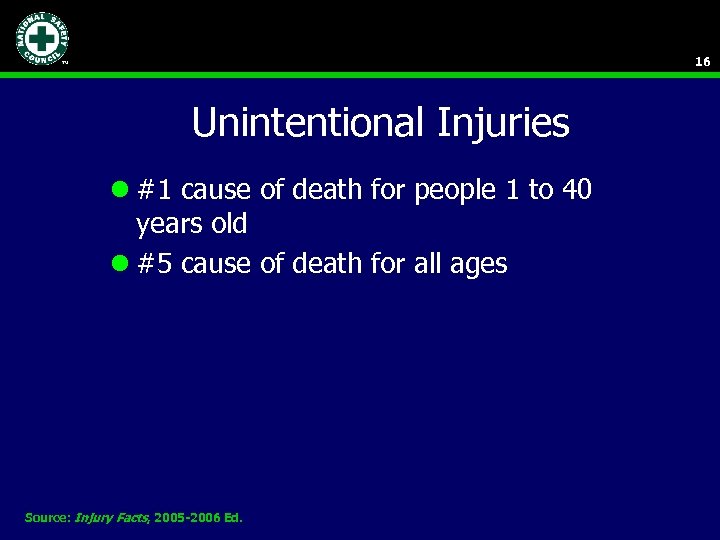 16 Unintentional Injuries l #1 cause of death for people 1 to 40 years