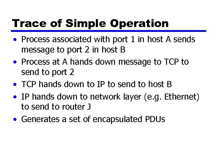 Trace of Simple Operation • Process associated with port 1 in host A sends