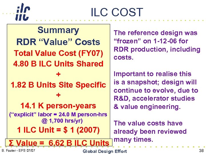 ILC COST Summary RDR “Value” Costs Total Value Cost (FY 07) 4. 80 B