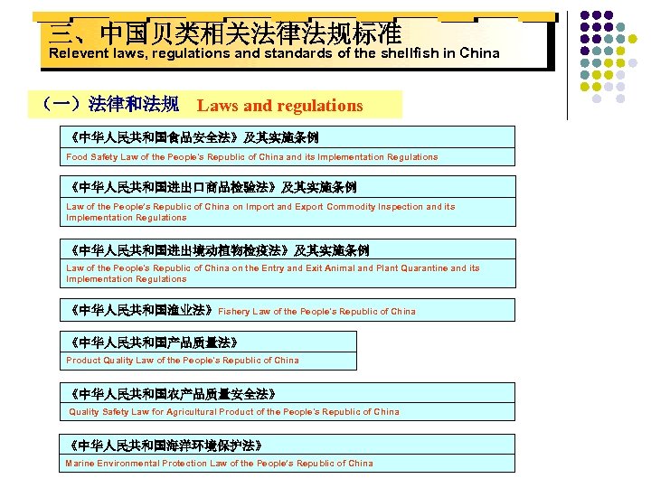 三、中国贝类相关法律法规标准 Relevent laws, regulations and standards of the shellfish in China （一）法律和法规 Laws and