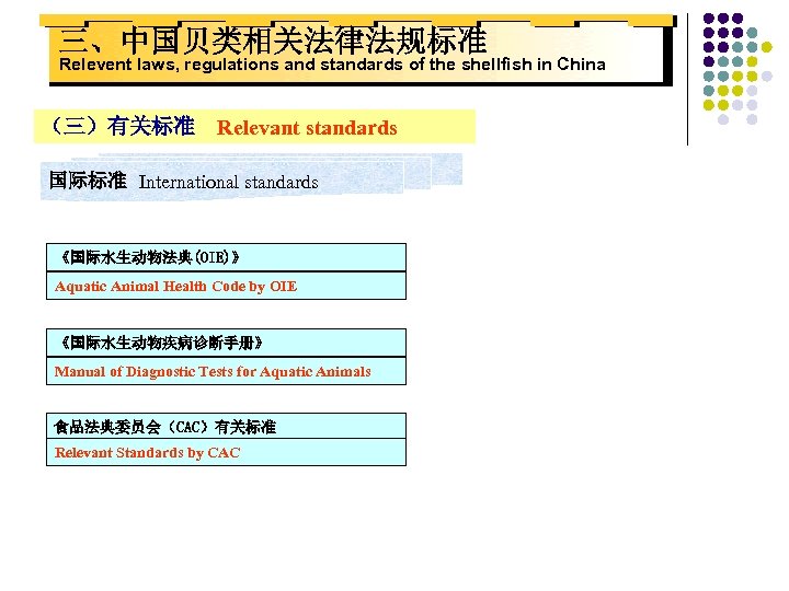 三、中国贝类相关法律法规标准 Relevent laws, regulations and standards of the shellfish in China （三）有关标准 Relevant standards