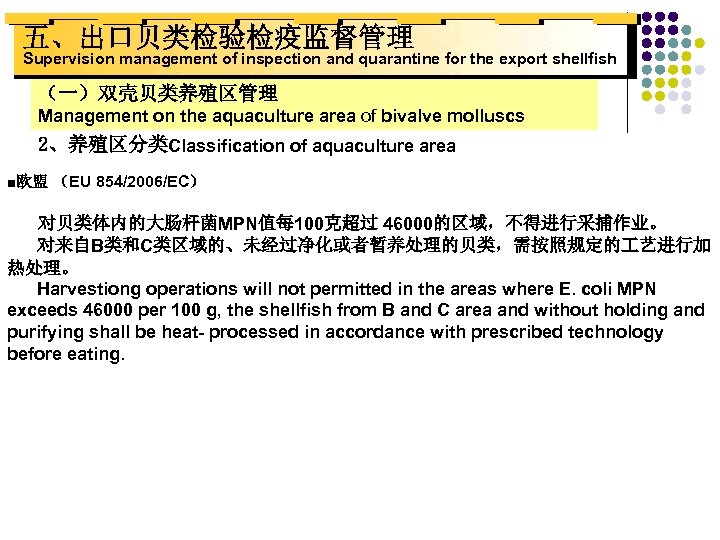 五、出口贝类检验检疫监督管理 Supervision management of inspection and quarantine for the export shellfish （一）双壳贝类养殖区管理 Management on