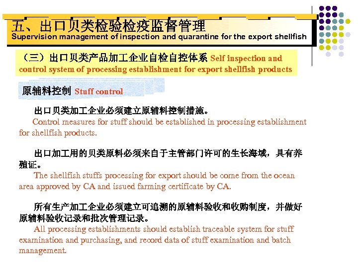 五、出口贝类检验检疫监督管理 Supervision management of inspection and quarantine for the export shellfish （三）出口贝类产品加 企业自检自控体系 Self