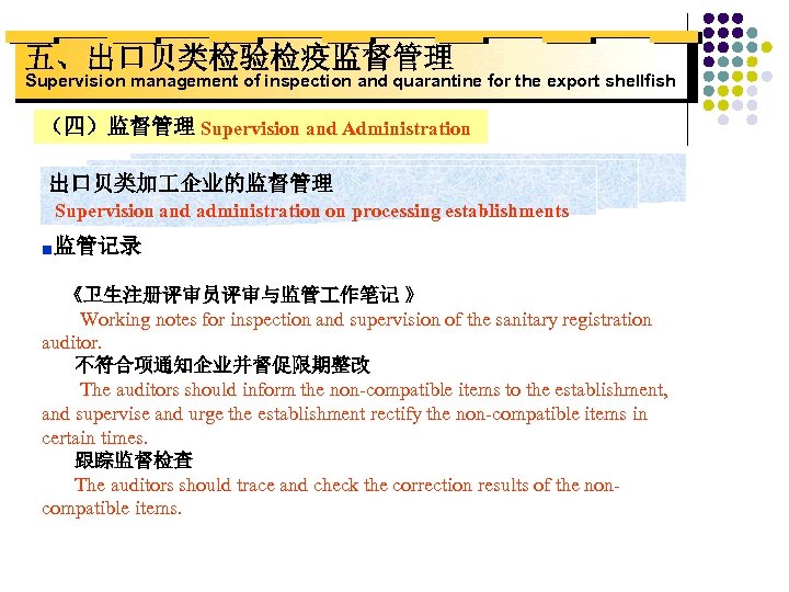 五、出口贝类检验检疫监督管理 Supervision management of inspection and quarantine for the export shellfish （四）监督管理 Supervision and