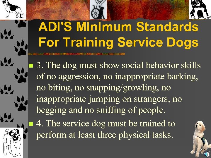 ADI'S Minimum Standards For Training Service Dogs n n 3. The dog must show