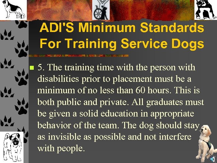 ADI'S Minimum Standards For Training Service Dogs n 5. The training time with the