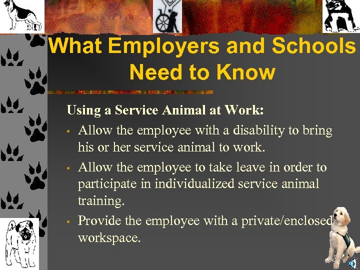 What Employers and Schools Need to Know Using a Service Animal at Work: •
