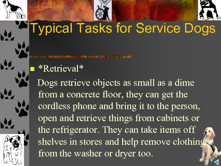Typical Tasks for Service Dogs *Retrieval* Dogs retrieve objects as small as a dime