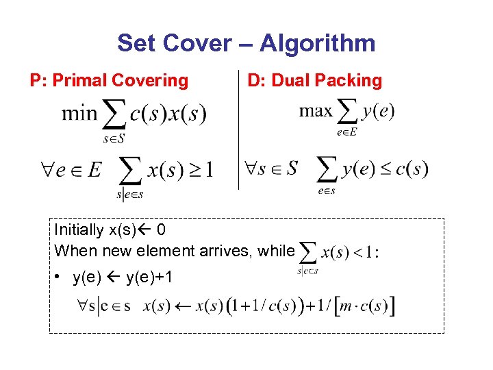 Set Cover – Algorithm P: Primal Covering D: Dual Packing Initially x(s) 0 When