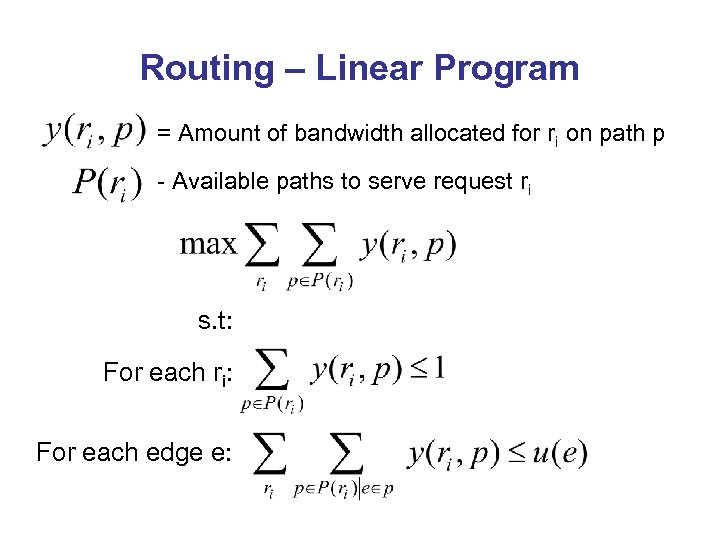 Routing – Linear Program = Amount of bandwidth allocated for ri on path p