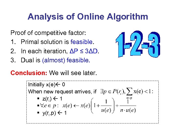 Analysis of Online Algorithm Proof of competitive factor: 1. Primal solution is feasible. 2.