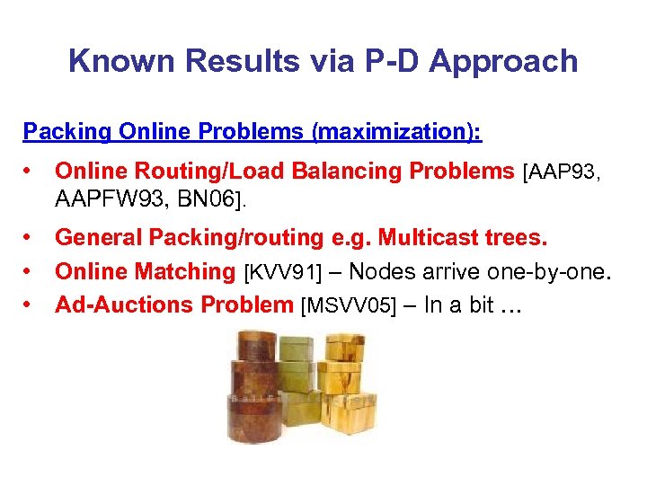 Known Results via P-D Approach Packing Online Problems (maximization): • Online Routing/Load Balancing Problems