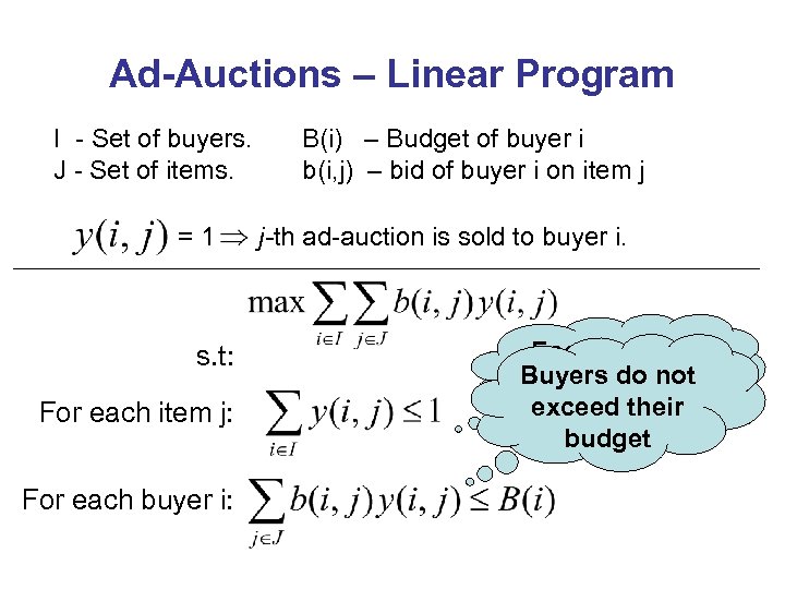 Ad-Auctions – Linear Program I - Set of buyers. J - Set of items.