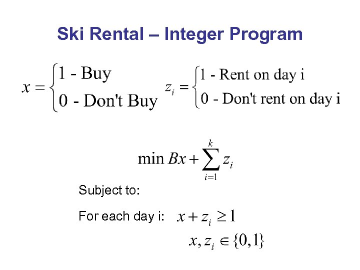 Ski Rental – Integer Program Subject to: For each day i: 