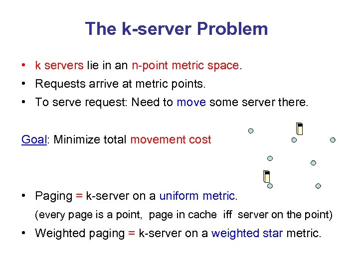 The k-server Problem • k servers lie in an n-point metric space. • Requests