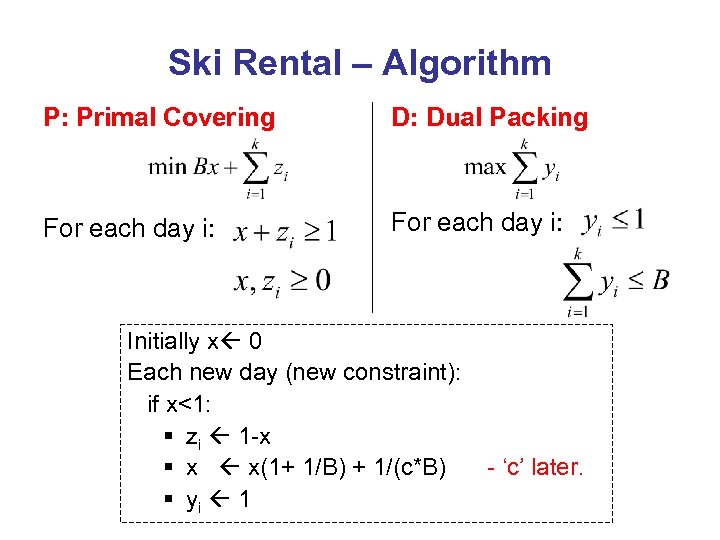 Ski Rental – Algorithm P: Primal Covering D: Dual Packing For each day i: