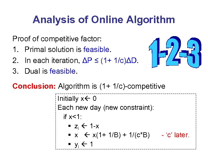 Analysis of Online Algorithm Proof of competitive factor: 1. Primal solution is feasible. 2.