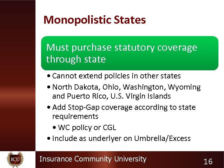 Monopolistic States Must purchase statutory coverage through state • Cannot extend policies in other