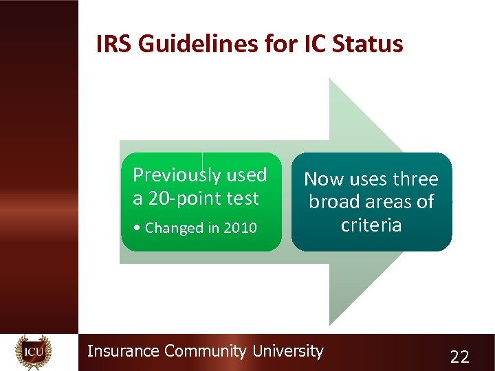 IRS Guidelines for IC Status Previously used a 20 -point test • Changed in