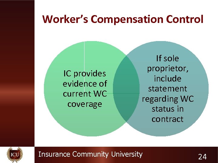 Worker’s Compensation Control IC provides evidence of current WC coverage If sole proprietor, include