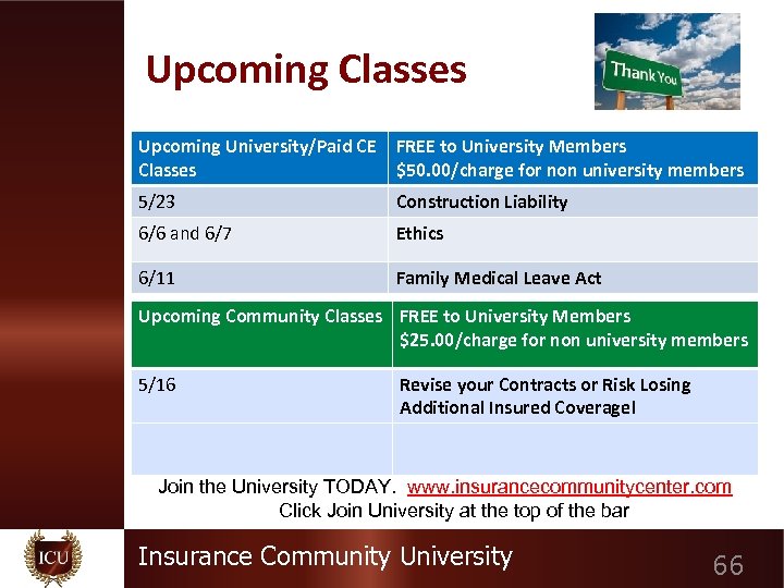 Upcoming Classes Upcoming University/Paid CE FREE to University Members Classes $50. 00/charge for non