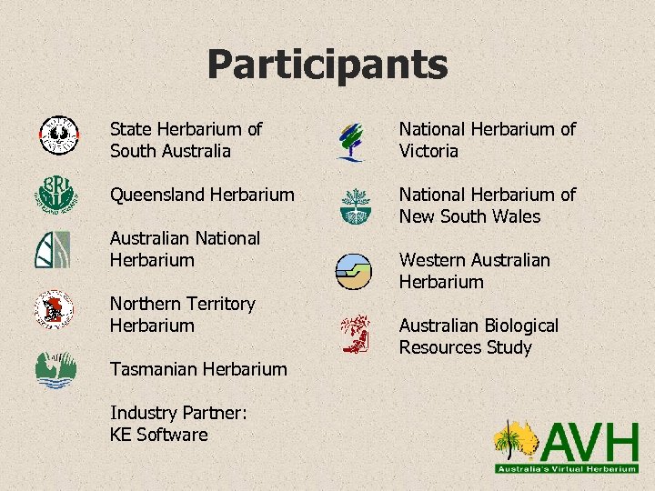 Participants State Herbarium of South Australia National Herbarium of Victoria Queensland Herbarium National Herbarium