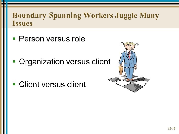 Boundary-Spanning Workers Juggle Many Issues § Person versus role § Organization versus client §