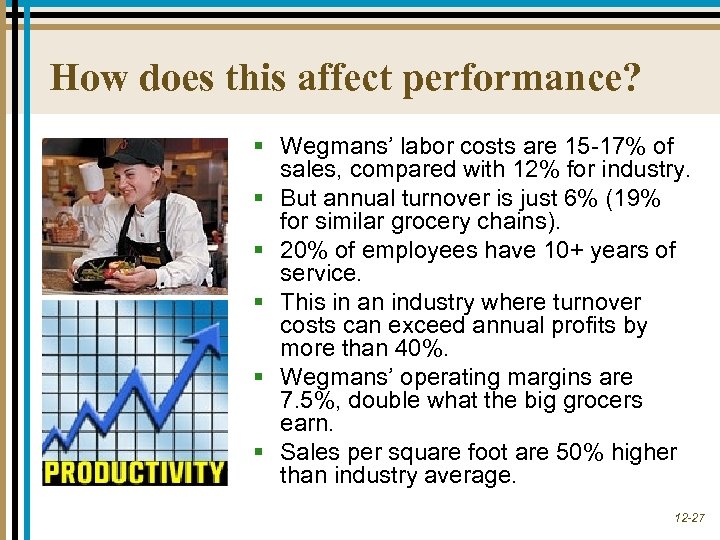 How does this affect performance? § Wegmans’ labor costs are 15 -17% of sales,