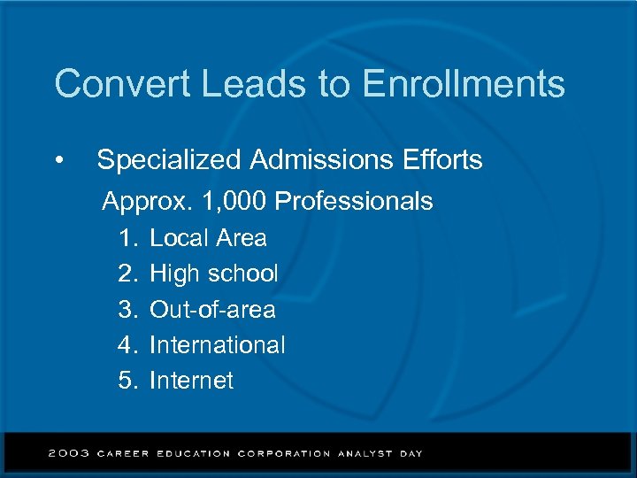 Convert Leads to Enrollments • Specialized Admissions Efforts Approx. 1, 000 Professionals 1. 2.