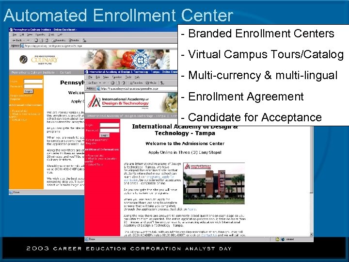Automated Enrollment Center - Branded Enrollment Centers - Virtual Campus Tours/Catalog - Multi-currency &
