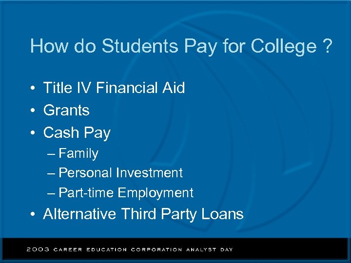 How do Students Pay for College ? • Title IV Financial Aid • Grants