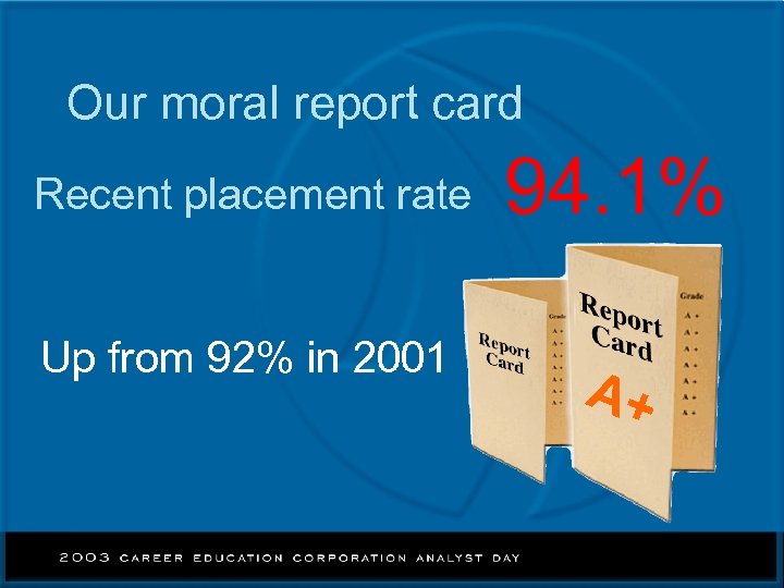 Our moral report card Recent placement rate Up from 92% in 2001 94. 1%