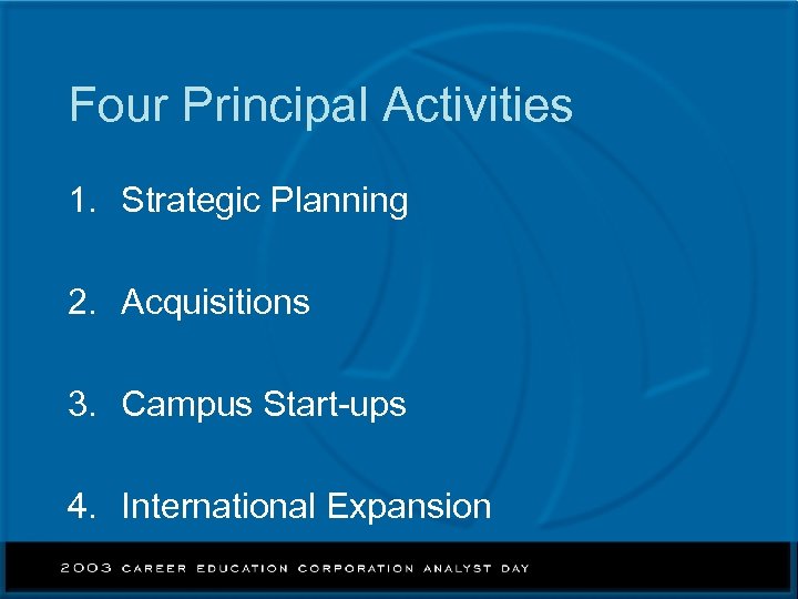 Four Principal Activities 1. Strategic Planning 2. Acquisitions 3. Campus Start-ups 4. International Expansion